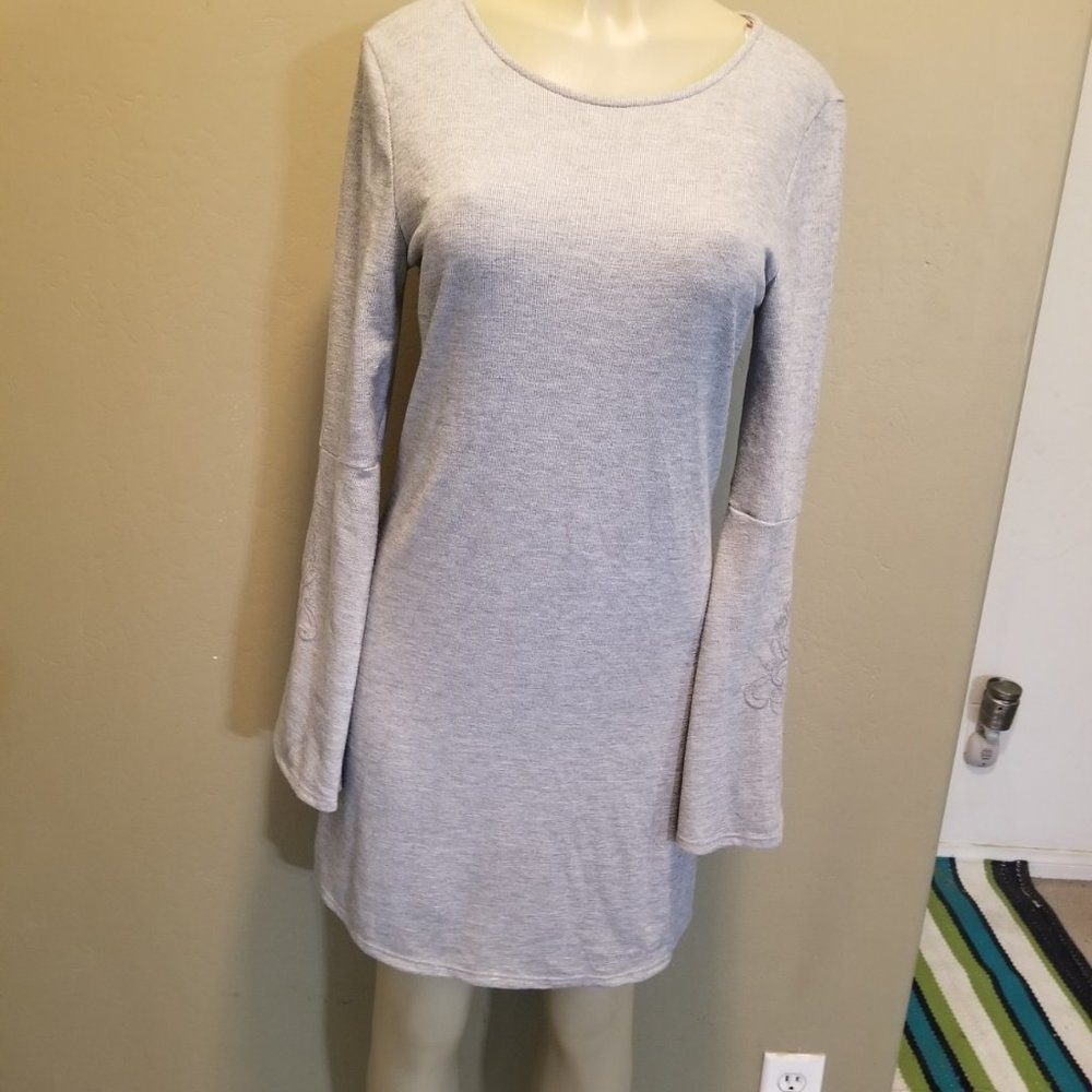 Alya Gray Embroidered  Bell Sleeve Dress Size Med
